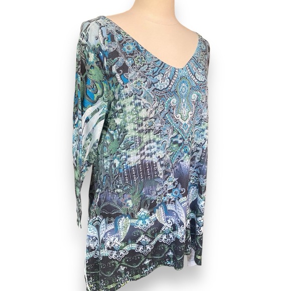 World Unity XXL 2XL Top Shirt Tunic Blue‎ V-Neck 3/4 Sleeve Beaded Stretch - Picture 4 of 7